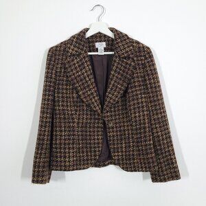 LOFT Brown Houndstooth Cropped Wool Blend Blazer Jacket